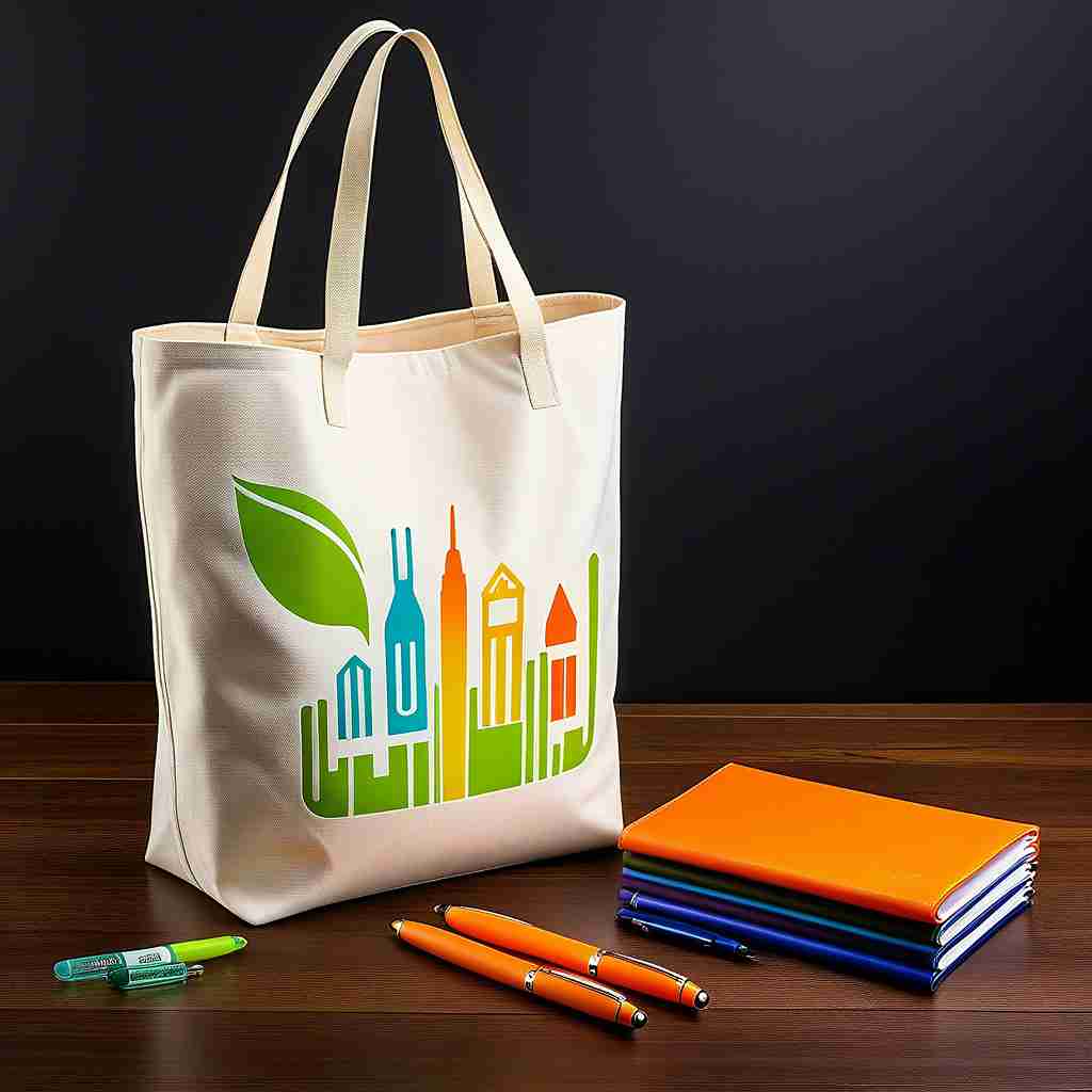 Custom-designed promotional products like tote bags and pens, helping market your business.