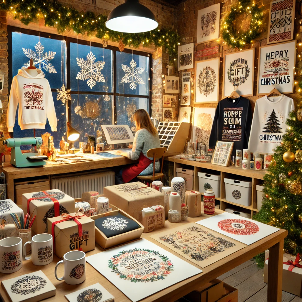 A festive design studio in London showcasing personalized Christmas gifts such as mugs, greeting cards, T-shirts, and gift wrapping, surrounded by holiday decorations.